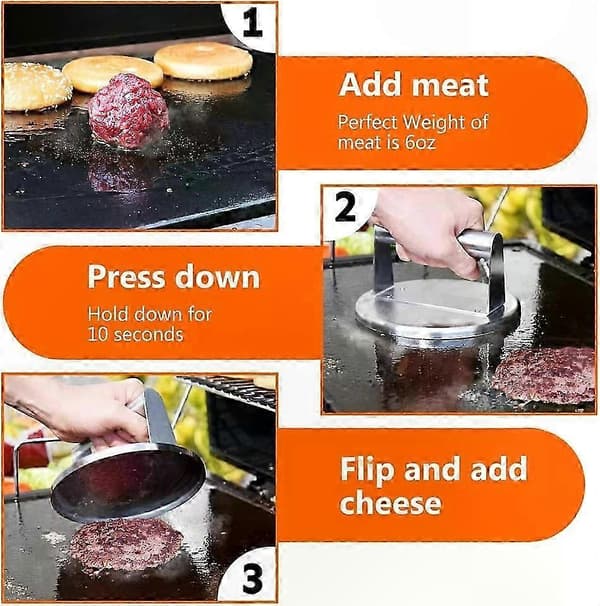 Burgerpresse i rustfrit stål, 6 tommer, med kant, Hamburger Smasher & Grillværktøj