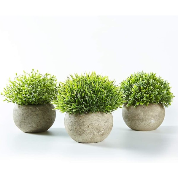 Set med 3 konstgjorda växter i grå krukor, små dekorativa konstgjorda konstgjorda konstväxter av konstgjord plast inomhus， Li