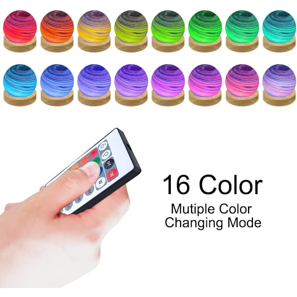 3D LED Planet Lampe, Dæmpbar Natlampe med RGB Farver, Træbase til Soveværelsesdekoration (8cm) Sort Svart Svart