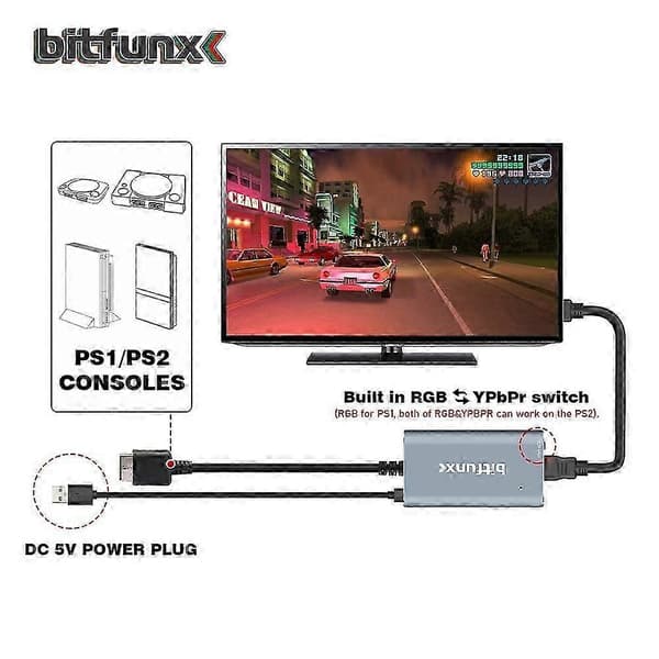 Bitfunx PS2 til HDMI-konverter til PS2 PS1 PlayStation 1/2 spilkonsoller med RGB til YPbPr-switch
