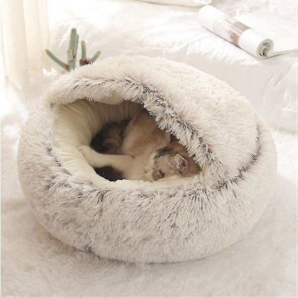Fluffy Katteseng, Rund, Myk Plysj, Hule Med Hetter, Katteseng