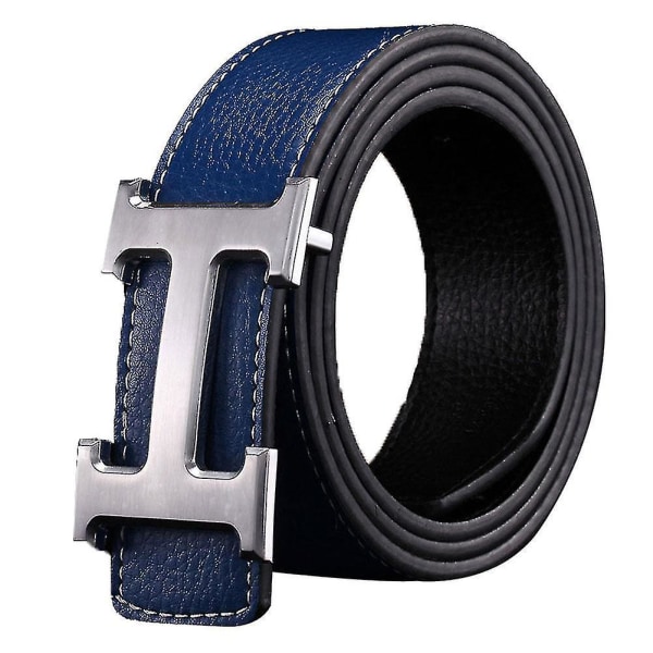 Ny stil forretnings- og fritidsbruk, ekte PU-lær, glatt spenne, litchi-korn belte for menn Blue-silver buckle