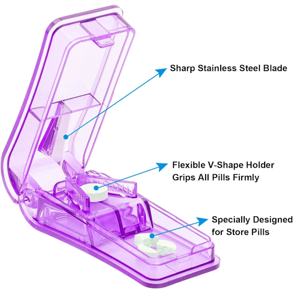2 stk. pilledelere, professionel pilledeler til at dele små eller store piller i to Purple