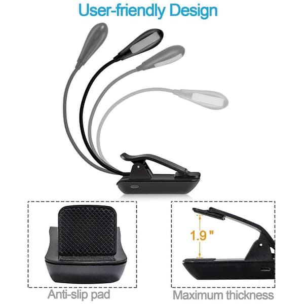 Oppladbar boklampe - Leselys for bøker i seng med 7 LED og 3 lysstyrker, blått lys blokkerer black