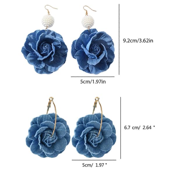 Håndlavede Kamelia Blomsterøreringe Blå Blomsterøreringe Stilfulde Denim Blomster Dråbe Øresmykker Ornament til Kvinder A