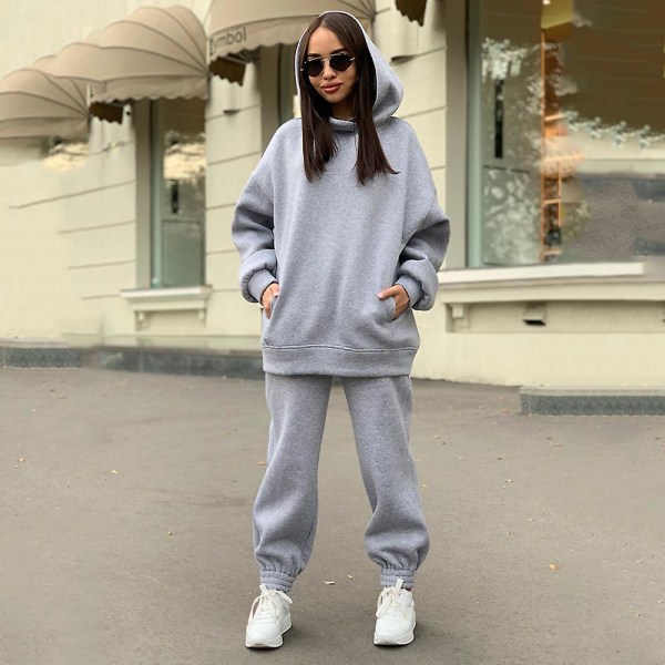 Træningsdragt Sæt Kvinder Dame 2 Dele Sweatsuits Trøje Med Hættetrøje & Sweatpants Jogging Dragter Outfits Light Grey L