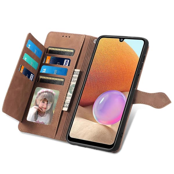 Til Samsung Galaxy A32 4G preget blomst støtsikkert skinntelefondeksel Brown