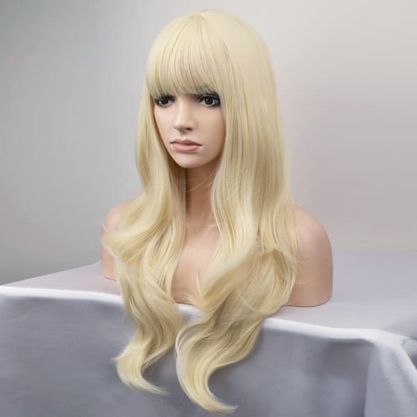 Lång blond lockig peruk för cosplay med lugg