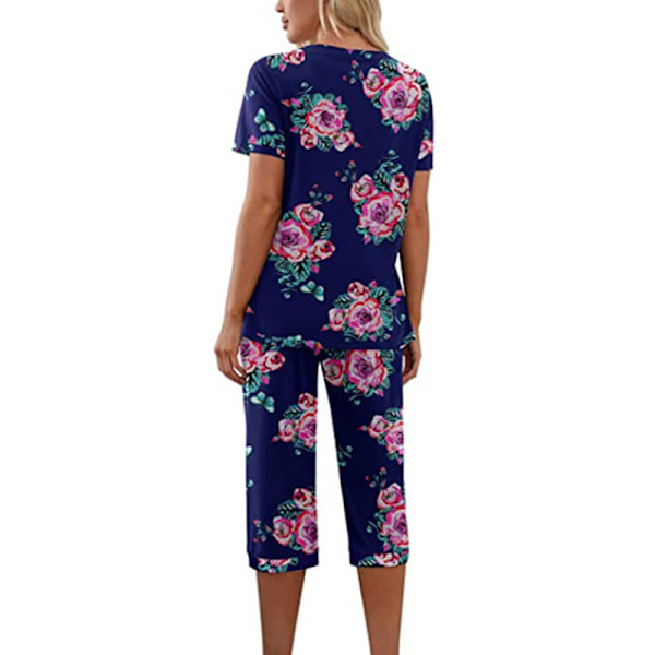 Dames Pyjamas 2-delt Søvn Tøj Kortærmet T-shirt & Capri Bukser Blå Navy Blue L