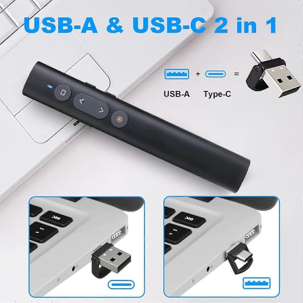 USB-A/USB-C Presentasjonsklikker for PowerPoint-presentasjoner, trådløs peker