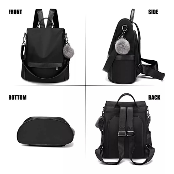 Stöldskyddande PU Läder Ryggsäck för Kvinnor Casual Handväska Rese Axelväska Messenger Bag Black