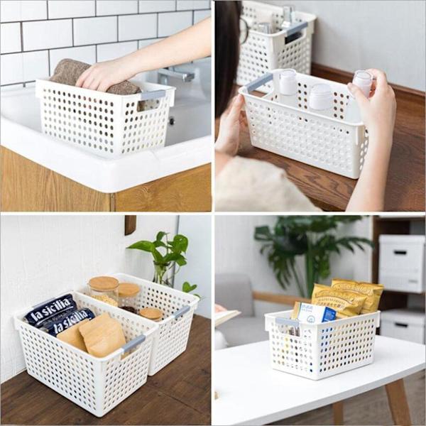 Slim Plastic Storage Basket, Rectangular Organizer Box with Non-Slip Handles, Ventilation Design Sturdy Storage Bin for Home Office, Stackable