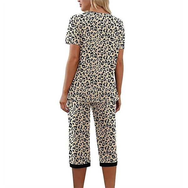 Dames Pyjamas 2-delt Søvn Tøj Kortærmet T-shirt & Capri Bukser Khaki Leopard Khaki Leopard L