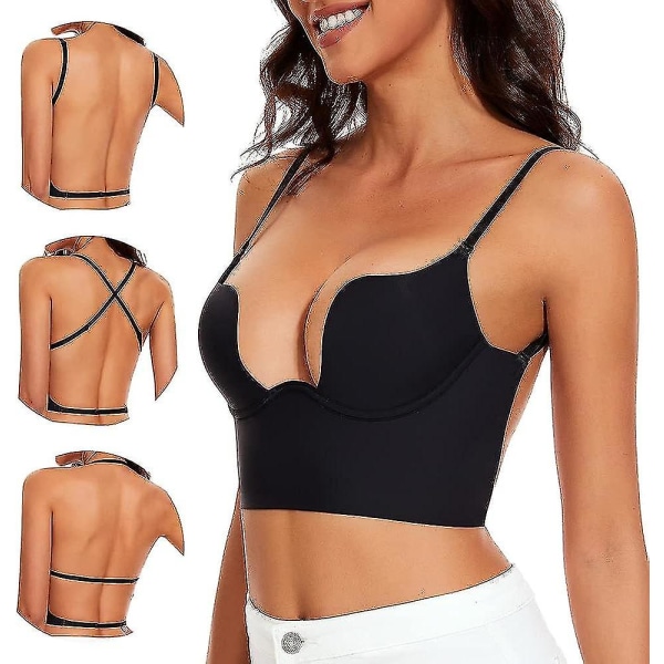 Matalaselkäiset rintaliivit naisille - saumattomat Deep U Plunge -taustattomat rintaliivit Convertable Multiway Low Cut Open Back Bras Riimu Black 32B