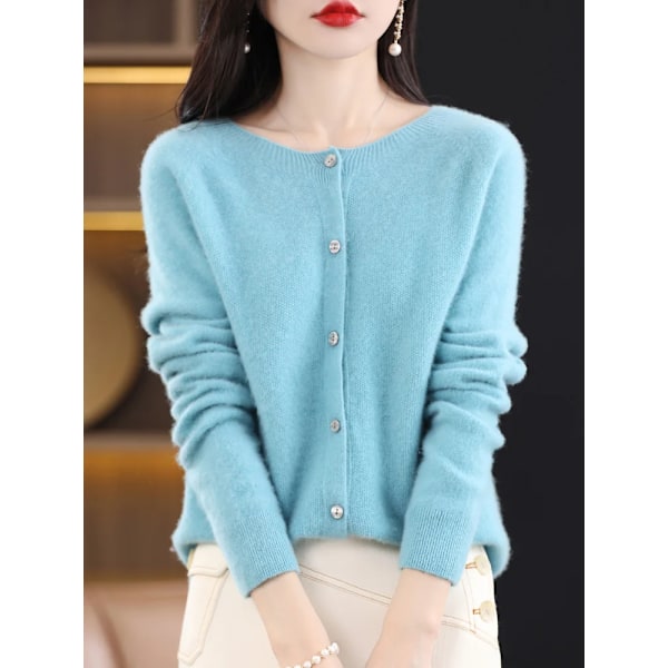 Addonee Dame 100% Merinould Trøje Kasjmir Rundhals Cardigan Raglan Ærme Klassisk Strikket Ensfarvet Ensfarvet Hion Basisbeklædning Havblå SeaBlue XXL