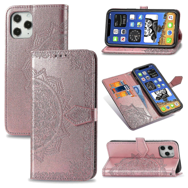 Kompatibel med Iphone 11 Pro Max-deksel Lær lommebokdeksel Emboss Mandala Magnetic Flip Protection Støtsikker - Rose Gold