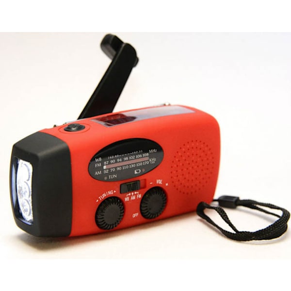 evradio med solceller, ficklampa och 2000mAh Powerbank SOS red