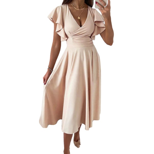 Kort flæseærmet kjole Kvinder Stilfuld Elegant Ren Farve Slå om V-hals Talje Samlet Midi-kjole til arbejde Hvid S Apricot 2XL