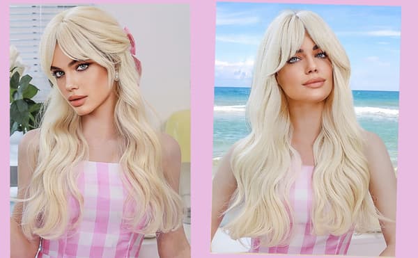 Lång blond lockig peruk för cosplay med lugg