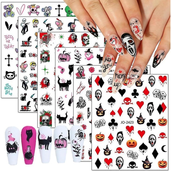 3D Halloween Nagelstickers - 6 Ark med Spöken, Pumpor och Svarta Katter