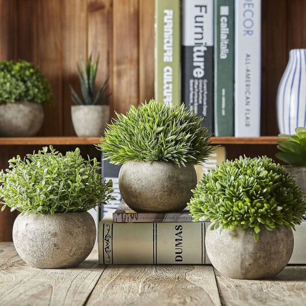 Set med 3 konstgjorda växter i grå krukor, små dekorativa konstgjorda konstgjorda konstväxter av konstgjord plast inomhus， Li