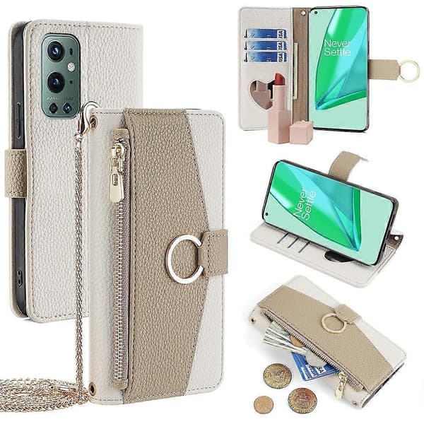 For OnePlus 9 Pro 5G Case Leather Phone Case Zipper Wallet Stand with Mirror Strap - GreyCJY Multicolor Multicolor White