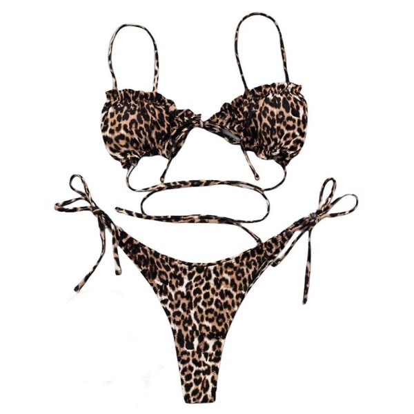 Bikini tettsittende damedress i 2 deler, fantasifullt leopardtrykk, rynket trekantveske for kone (M)
