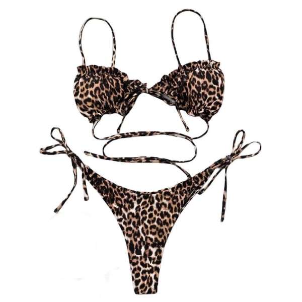 Bikini Tight-fit Dame 2-delt Dragt,  Flot Leopard Print, Rynket Trekant Taske til Kone (M)