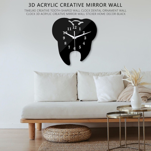 Tann- Veggklokke Dental Ornament Veggklokke 3d Akrylspeil Veggklistremerke Hjemmeinnredning-svart
