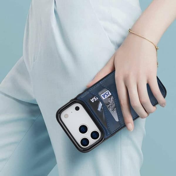 iPhone 17 Pro Max Cover - Litchi Læder med Kortplads Blå Blå
