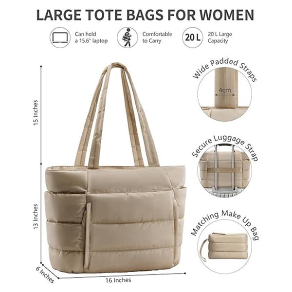 Stor Puffer Tote Bag för kvinnor 15,6 \" Laptopfodral, 20L Vit White