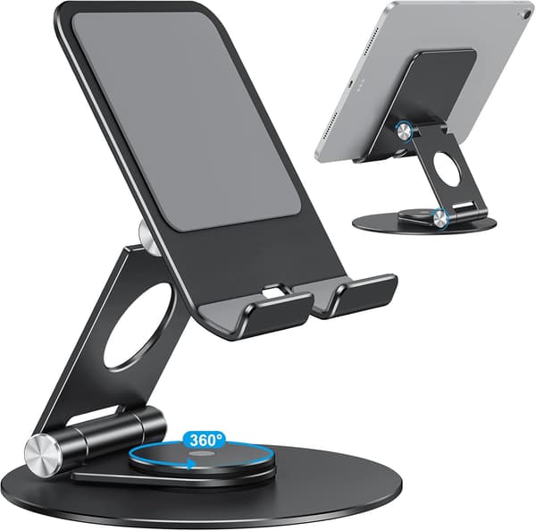 Tablet stander med 360-graders roterende base, foldbart og justerbart støtteben til tegning, sort