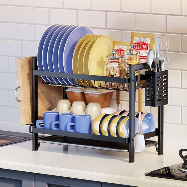 Kökets diskställ, dubbellagersdesign, med avrinningsbricka och bestickställ, stor kapacitet, svart.