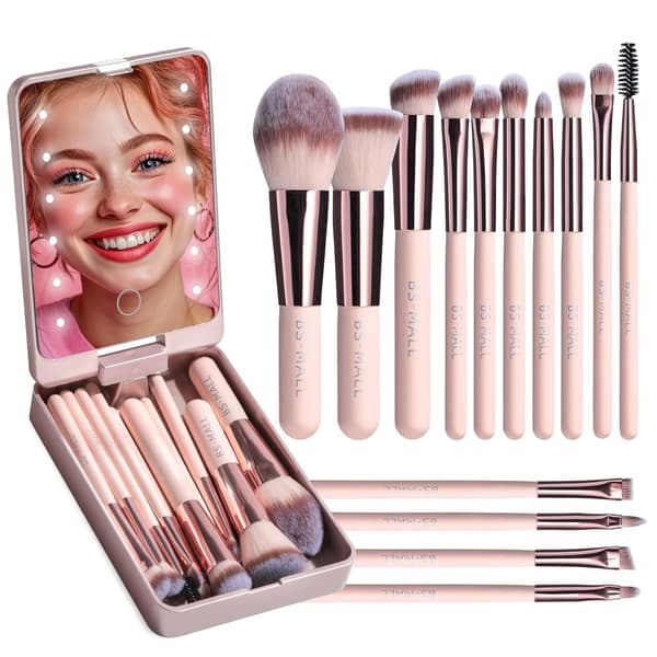 14-delars Mini Sminkborstset med LED-belyst Spegel, Rosa