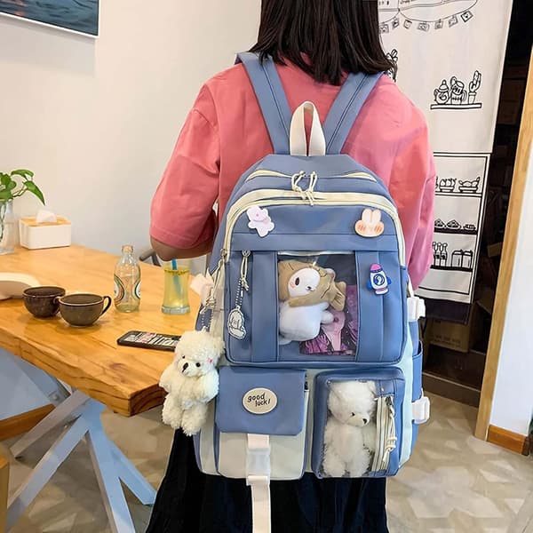 Lærred skoletaske kombinationssæt, Kawaii pige elev skoletaske blå! blue