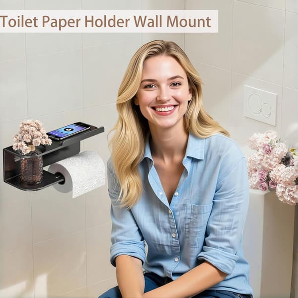 Vægmonteret toiletpapirholder, ingen boring nødvendig, rustfrit stål, til mobiltelefon, aromaterapi, sort