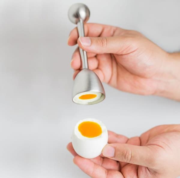 Eggåpner og eggtopper i rustfritt stål for hardkokte og bløtkokte egg, sølv