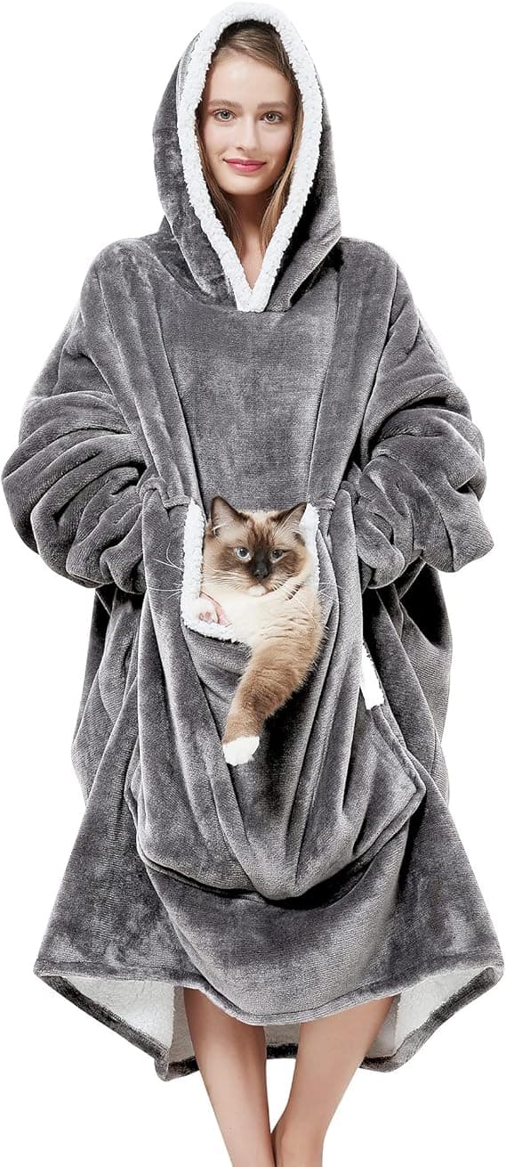 Oversized hettepledd, myk og varm Sherpa-hettegenser med store frontlommer, unisex one size