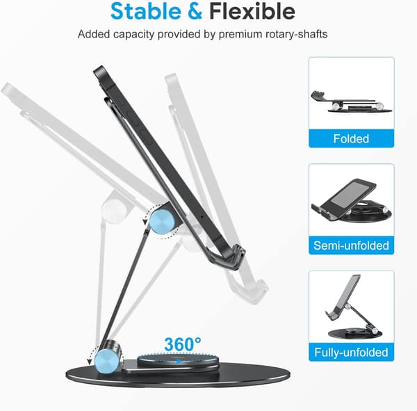 Tablet stander med 360-graders roterende base, foldbart og justerbart støtteben til tegning, sort
