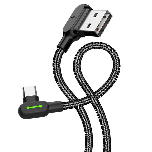 Mcdodo CA-5281 Vinklet USB C til vinklet USB A kabel til synkronisering og hurtig opladning, med LED, sort, 1,2m