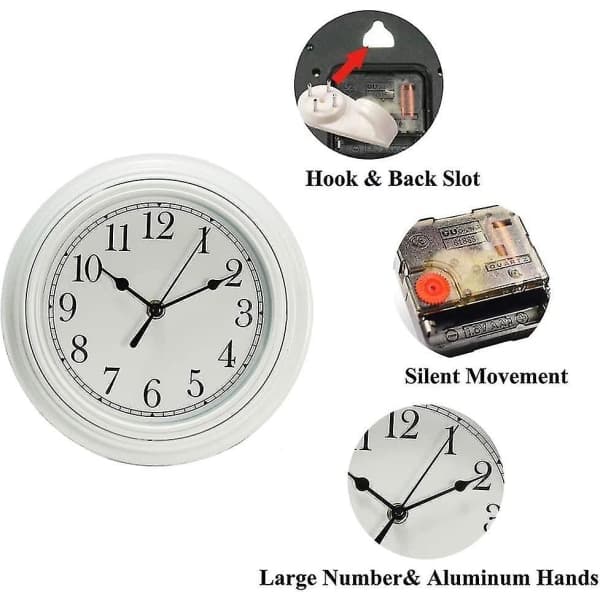 Tyst Väggklocka Kök 9 Tum Retro Tickfri Dekorativ Väggklocka för Sovrum Kontor Vit White