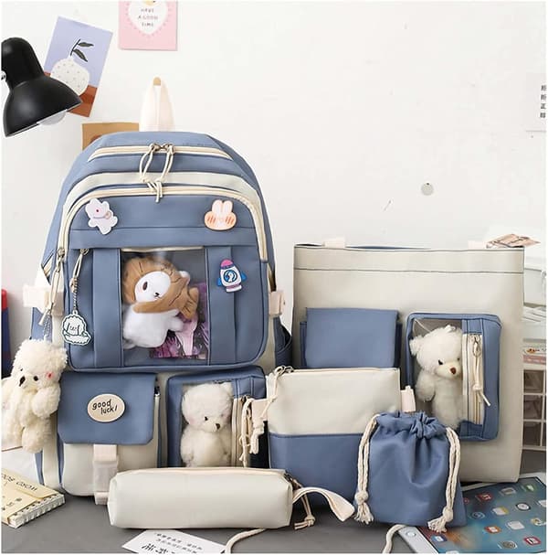 Lærred skoletaske kombinationssæt, Kawaii pige elev skoletaske blå! blue