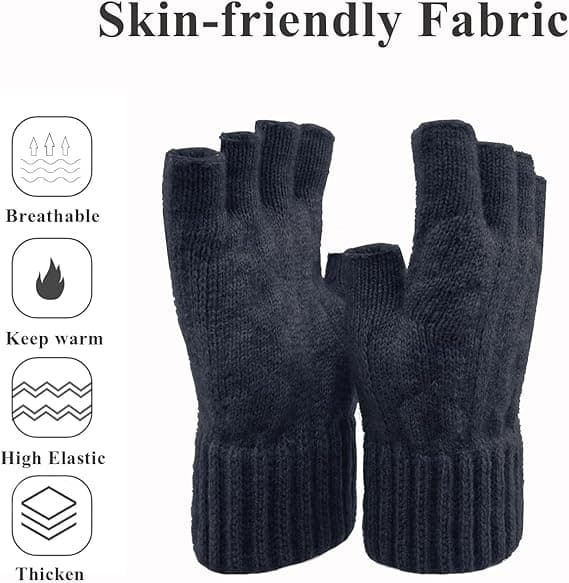 Vinter Halvfingerhandsker, Fingerløse Strikkede Handsker, Varme Elastiske Handsker til Mænd og Kvinder black
