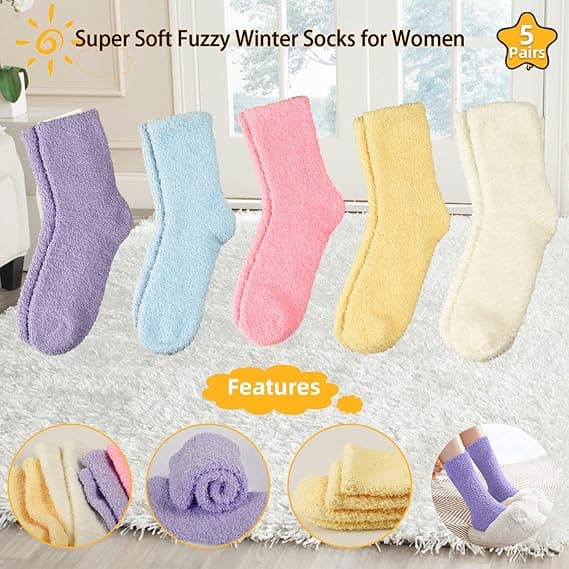 Vinterstrømper til kvinder, 5 par koralfleece gulvstrømper, tykke, fluffy, fnugfri, one size