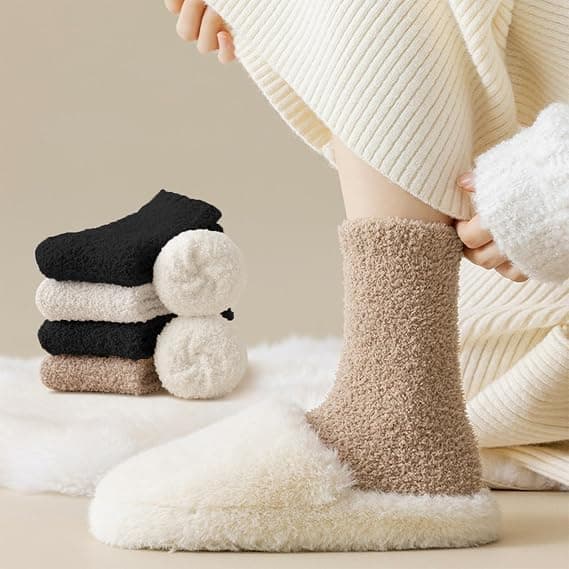 Vinterstrømper til kvinder, 5 par koralfleece gulvstrømper, tykke, fluffy, fnugfri, one size