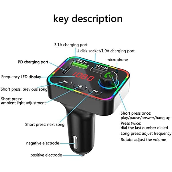 Bluetooth bil FM-sender, 38W PD og QC3.0 rask billader,