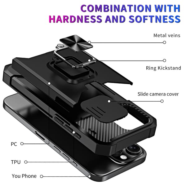 for iPhone-deksel med [kortholder][skyvbart kameradeksel][360° roterende ringstativ] Kraftig beskyttende mobildeksel iPhone 6 Plus/6s Plus/7 Plus/8 plus
