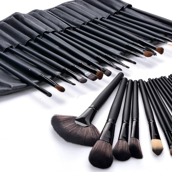 Professionelt Makeupbørstesæt: 24 Børster i Læderetui Sort