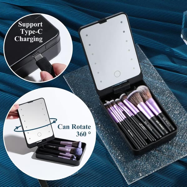 14-delt Mini Makeup Børstesæt med LED-belyst Spejl, Sort