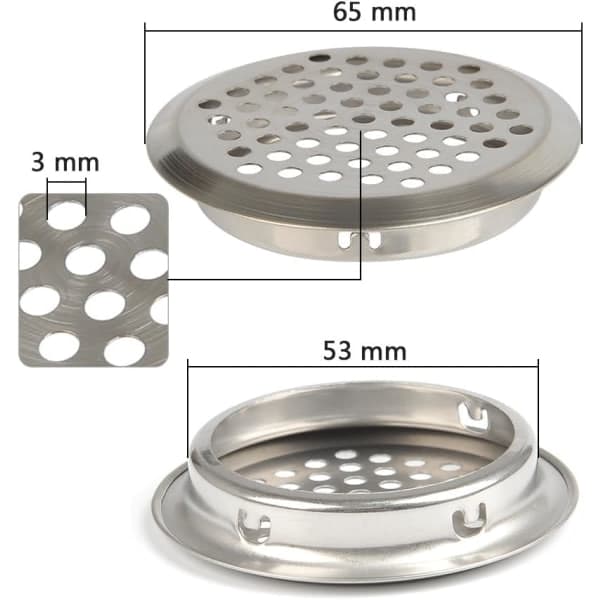20 stk. 53 mm VENTILATIONSGITTER i rustfrit stål, rundt mesh, åndbart